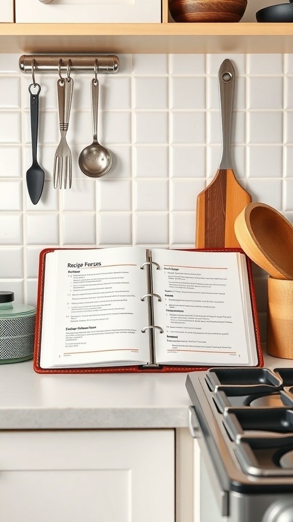 A recipe binder open on a kitchen counter with utensils hanging on the wall.
