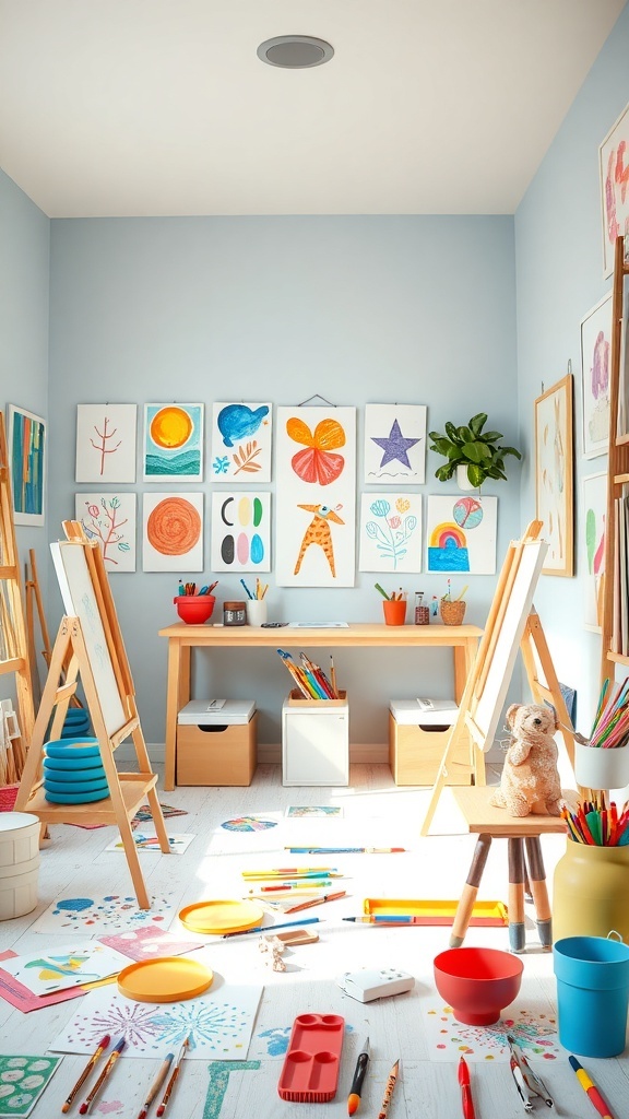 A colorful kids art studio with easels, art supplies, and displayed artwork on the walls.
