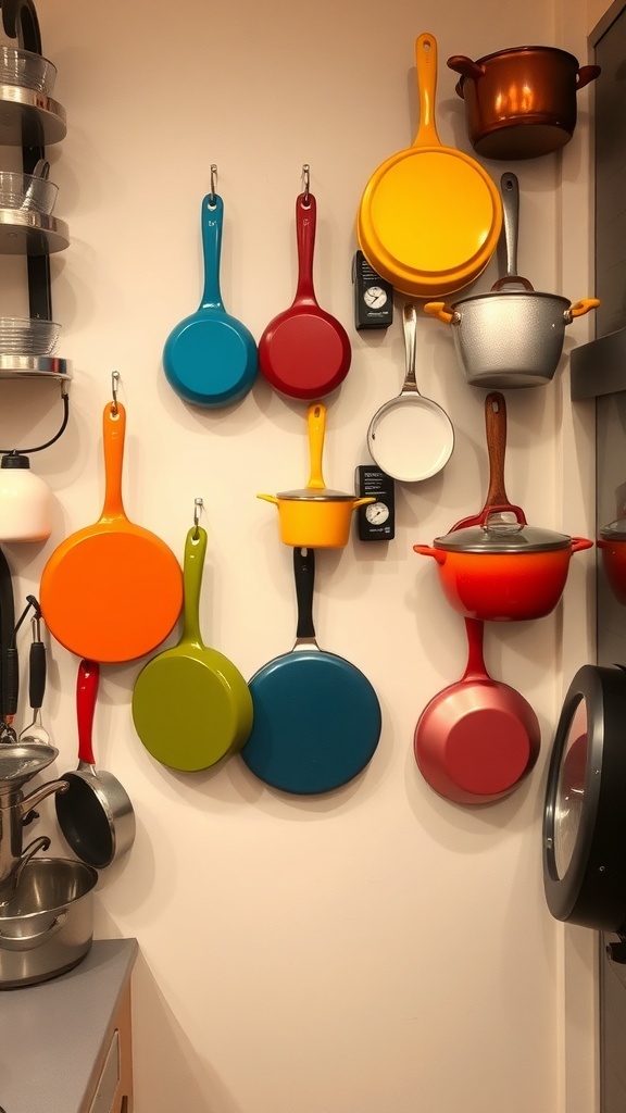 Colorful cookware displayed on a wall in a kitchen corner.