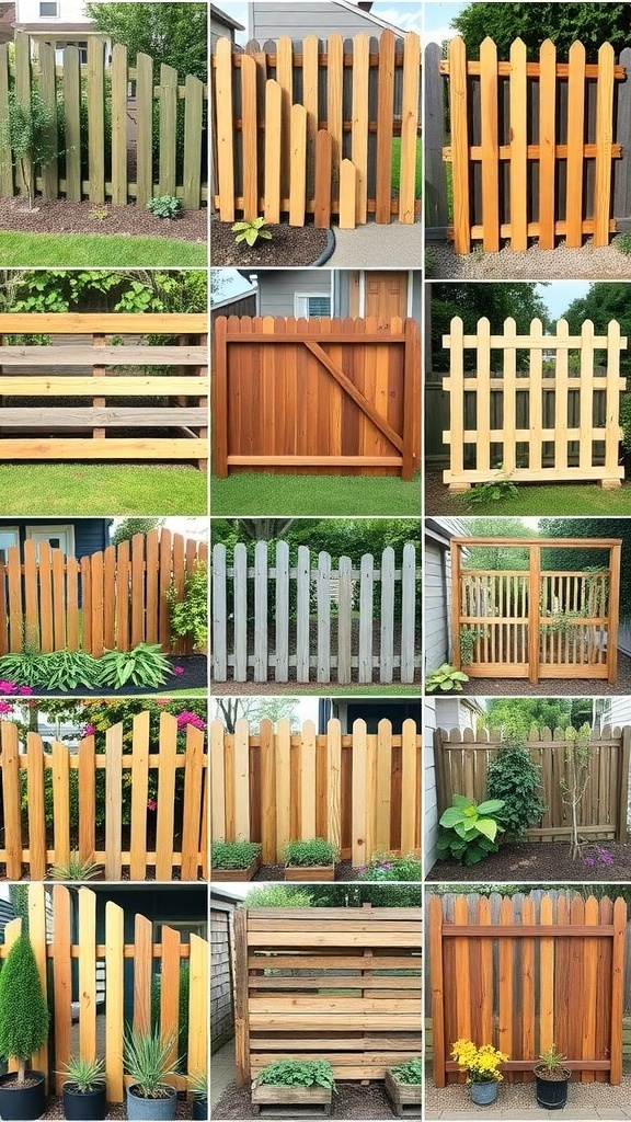 A collage of various pallet fence designs showcasing different styles and finishes.
