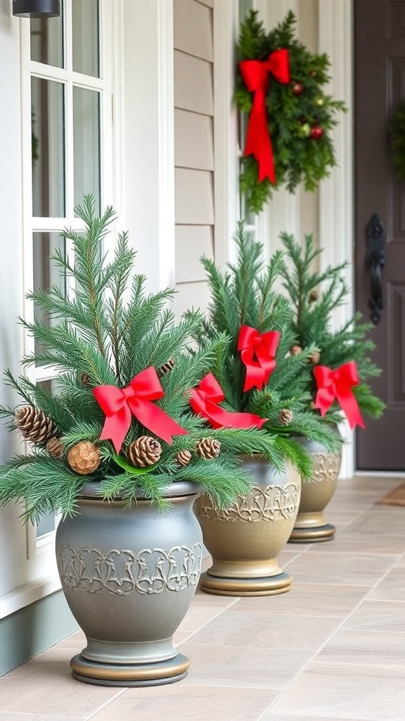 Three holiday planters with evergreen branches, pinecones, and red bows.