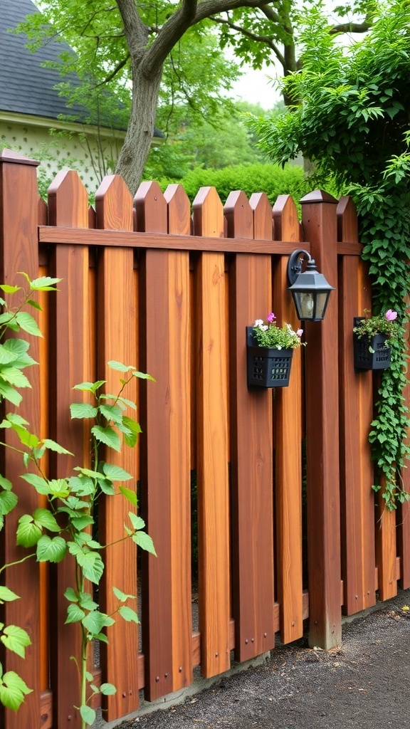 Wood privacy fence with flower baskets and a lantern