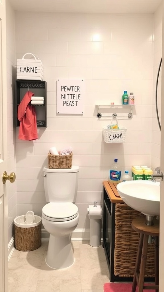 A well-organized kids bathroom with creative labels on storage baskets and shelves.