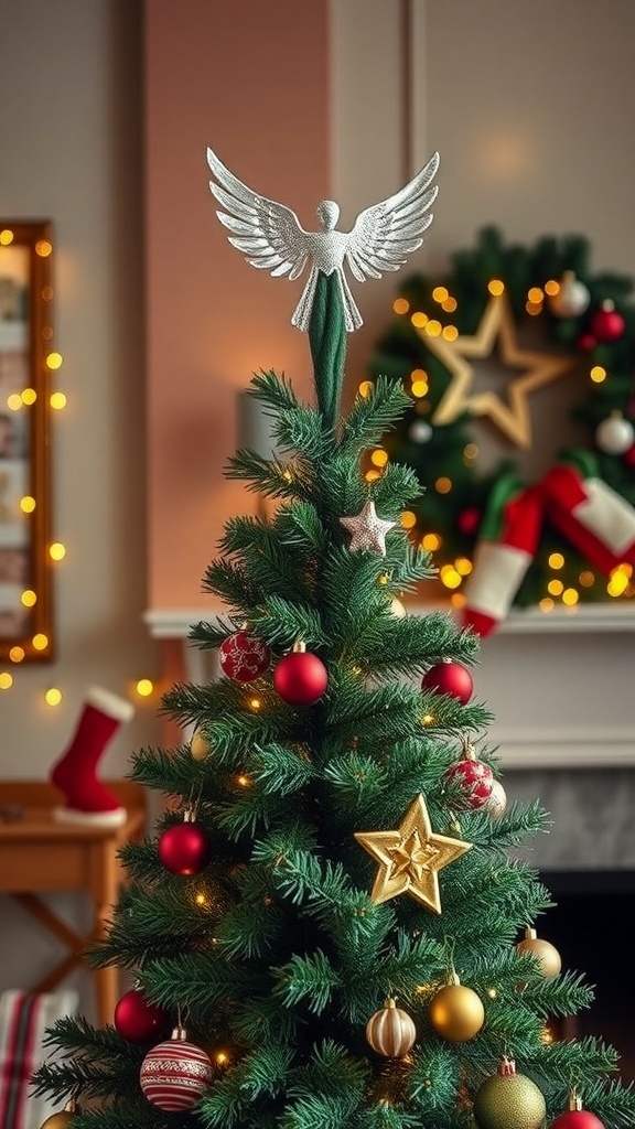 A beautifully decorated Christmas tree with an angel topper, surrounded by festive ornaments and lights.
