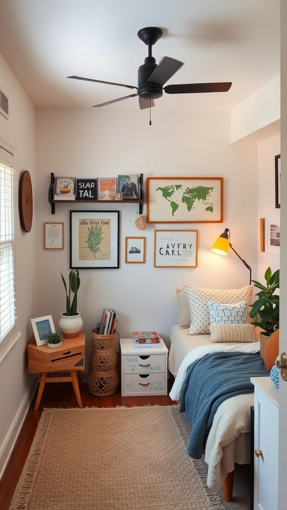 A cozy tiny bedroom featuring a variety of wall art, including framed prints and maps, with a bed and decorative elements.