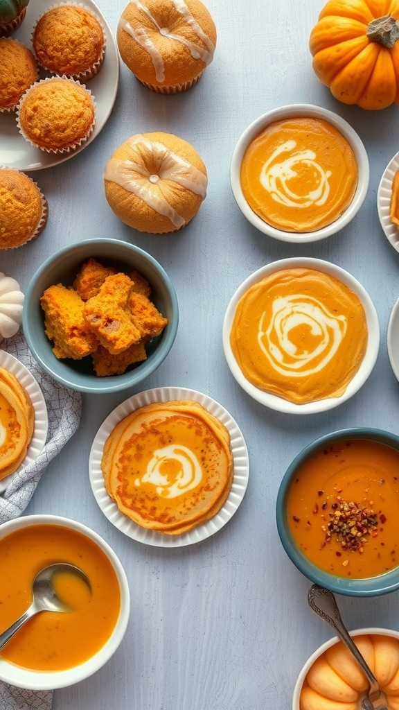 A variety of pumpkin dishes including soup, pancakes, and muffins on a kitchen table.