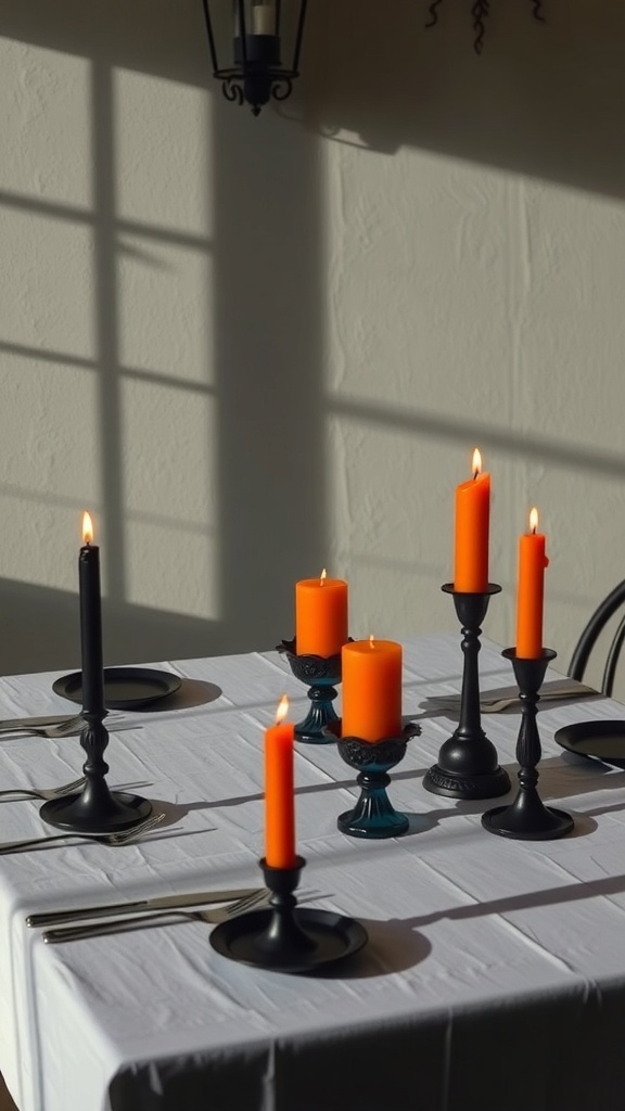 A table with black and orange candles arranged for Halloween decor.