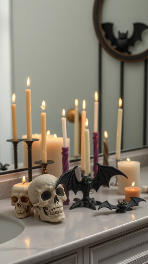 A spooky bathroom decor arrangement featuring candles, skulls, and bats for Halloween.
