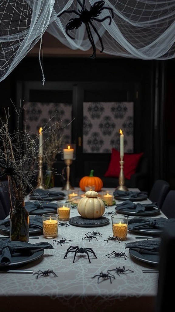 Halloween table with spiders, candles, and a pumpkin