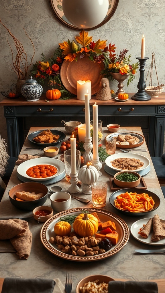 A beautifully decorated Thanksgiving table featuring a variety of dishes, autumn decorations, and candles.