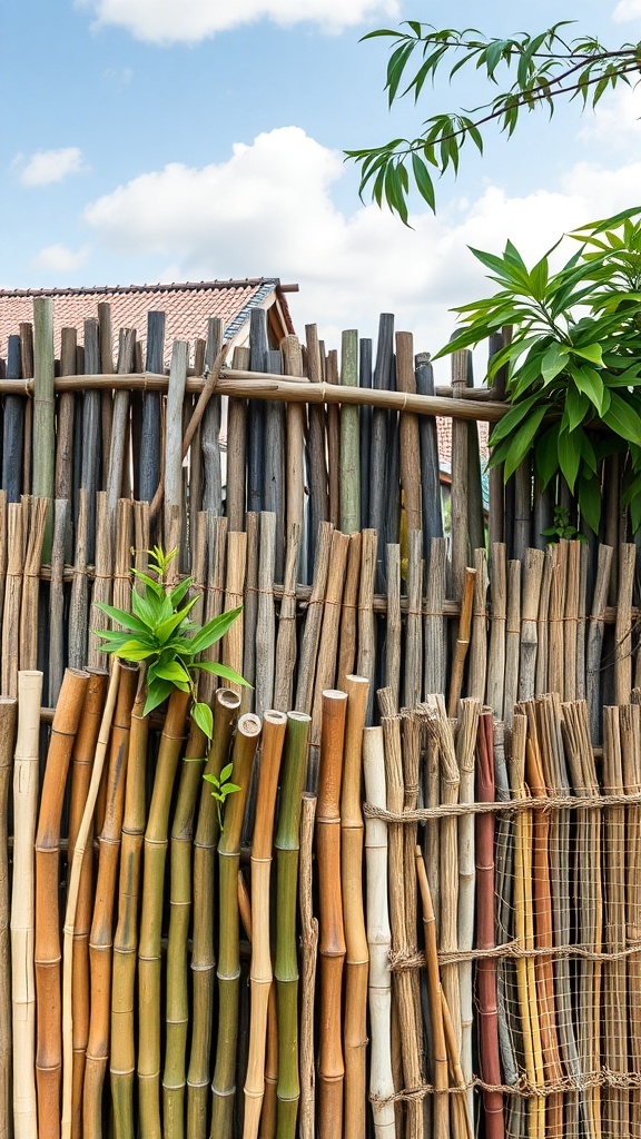 A bamboo fence showcasing various colors and textures, with green leaves peeking through.
