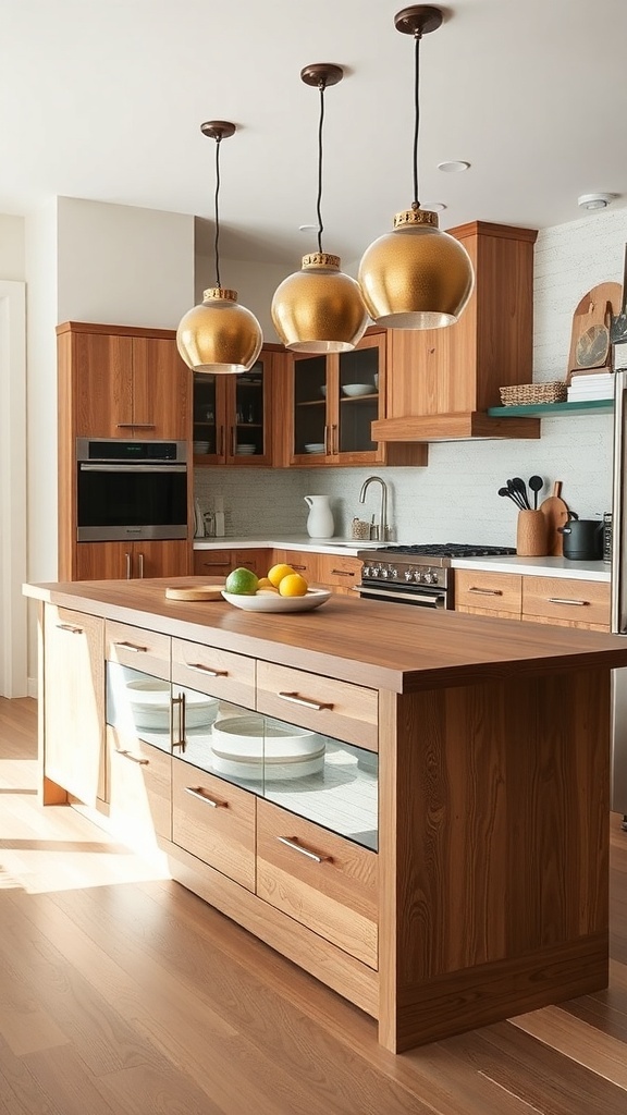 A modern kitchen with a custom built-in island featuring wooden cabinetry and stylish pendant lights.