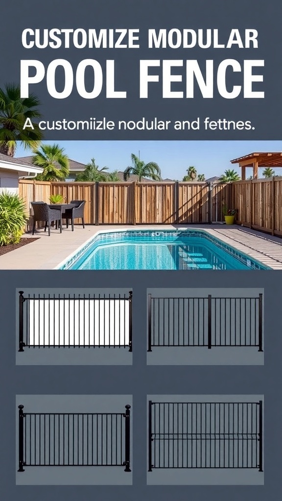 Image showcasing customizable modular pool fencing options around a swimming pool.