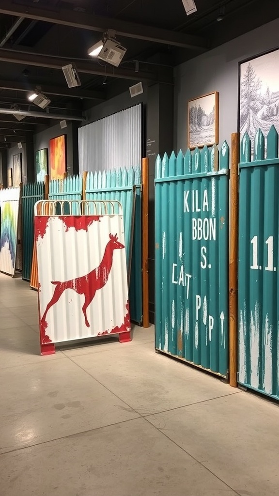A display of various corrugated metal fence styles, showcasing different colors and designs.