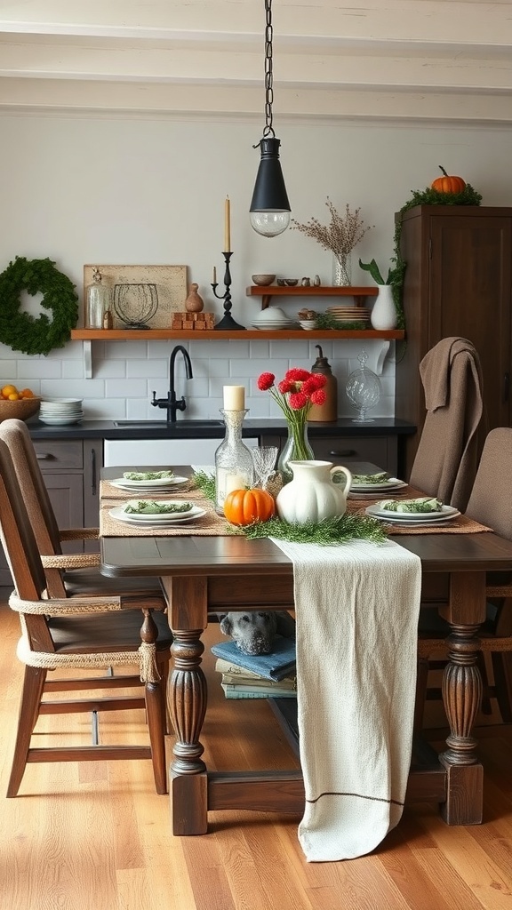 A dark wood dining table set with plates and flowers in a rustic kitchen.