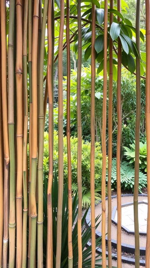 Bamboo fence with lush greenery in the background.