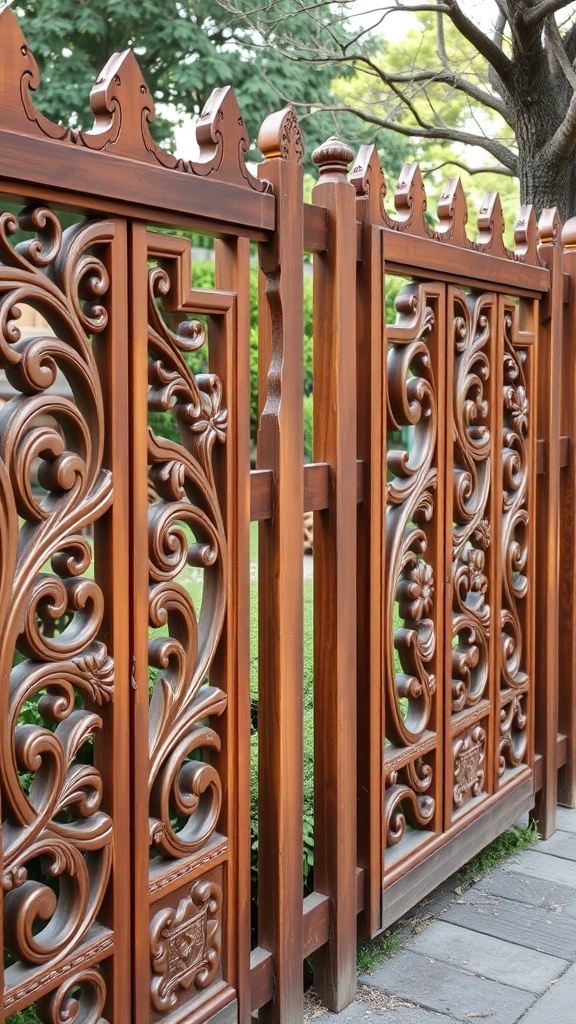 Decorative carved wood fence panels with intricate designs.