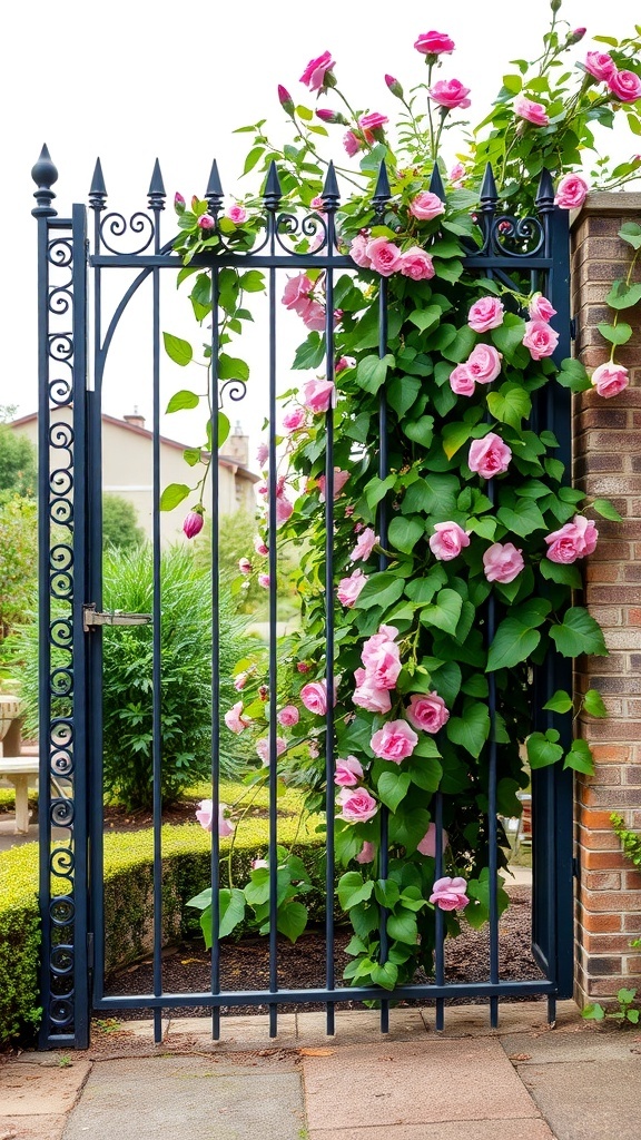 A decorative iron gate with pink roses climbing over it, surrounded by greenery.