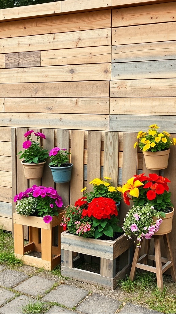 Decorative pallet fence with various flower planters.