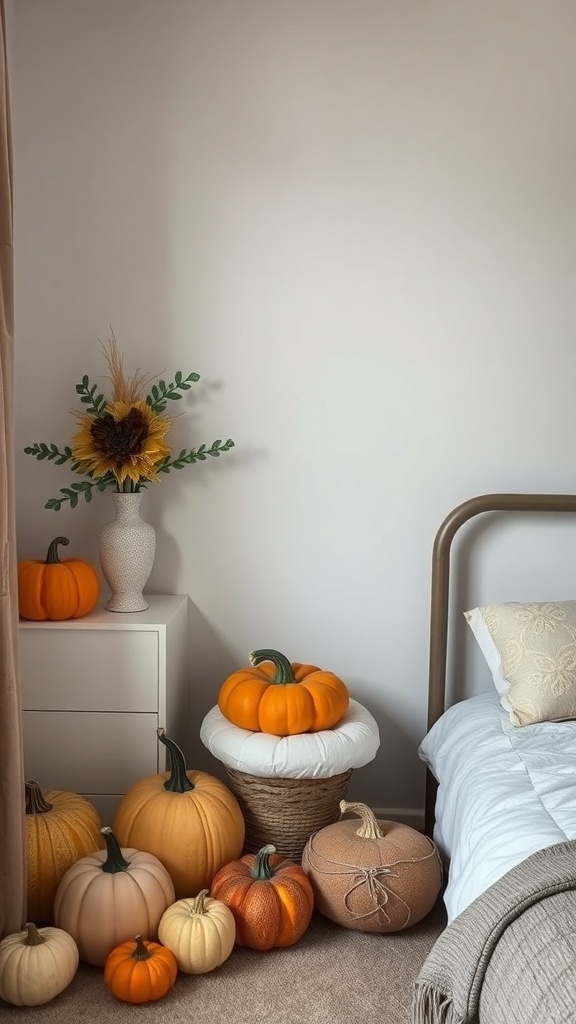 A cozy bedroom corner featuring decorative pumpkins and gourds.