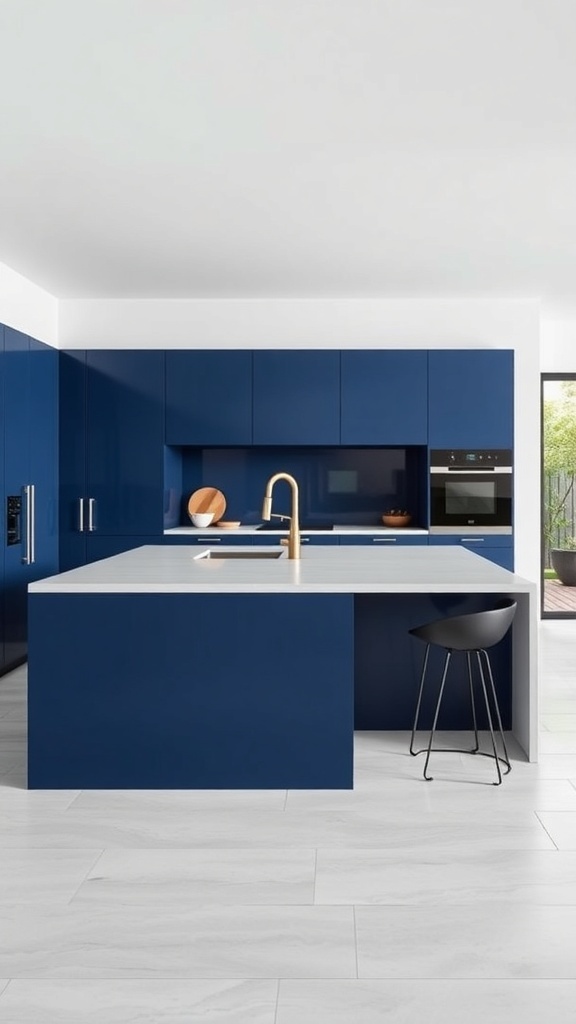 A modern kitchen featuring a deep blue island with a white countertop and sleek black stool.