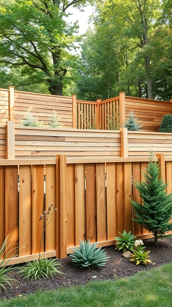 Stylish wood privacy fence with plants and greenery.