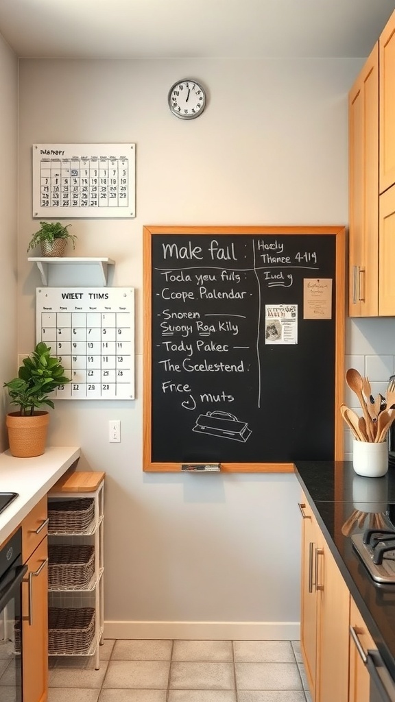 A small kitchen command center with a chalkboard for meal planning and a calendar.