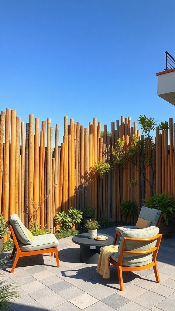 A cozy outdoor seating area with bamboo fencing in the background.
