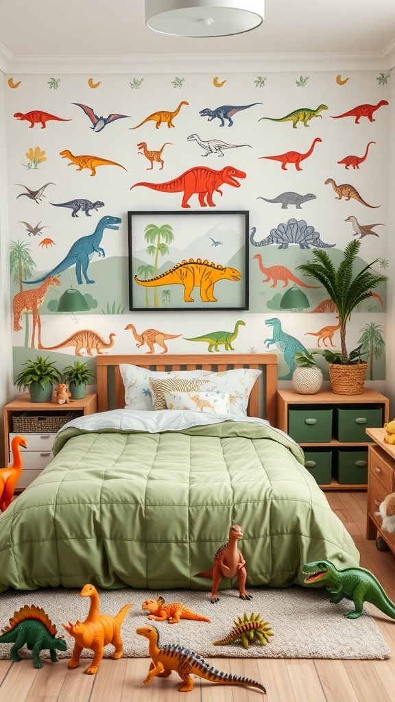 A kids room with dinosaur-themed decor, including wall murals and toys.