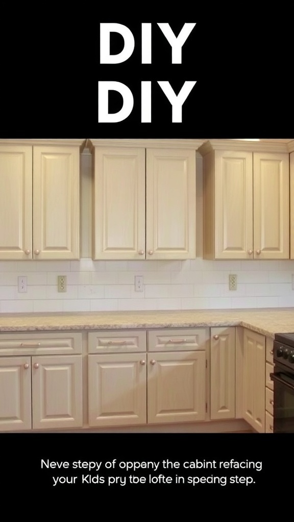 Image of kitchen cabinets with DIY text overlay