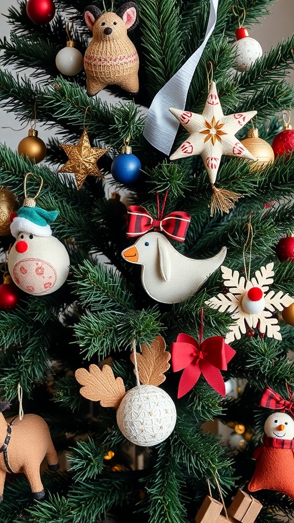 A beautifully decorated Christmas tree with handmade ornaments including animals, stars, and snowmen.
