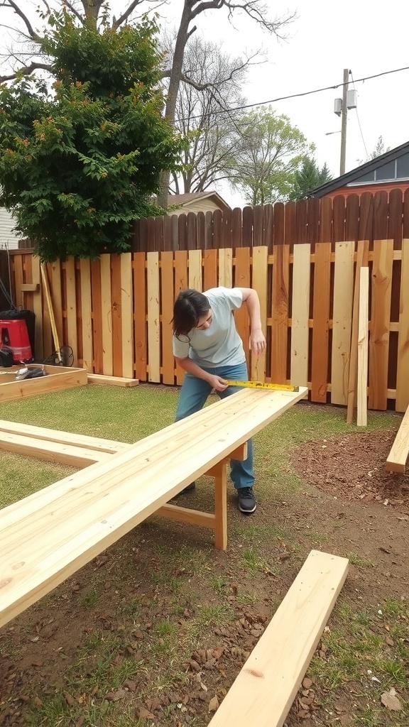 Person measuring wood for a DIY wood privacy fence installation.