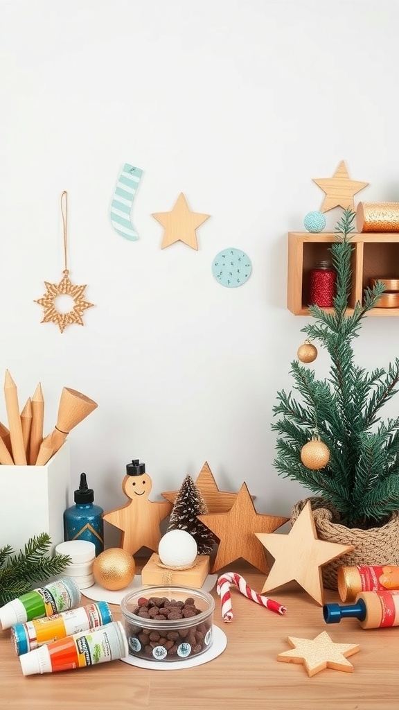 A festive crafting corner with wooden ornaments, paints, and decorations for DIY Christmas ornaments.
