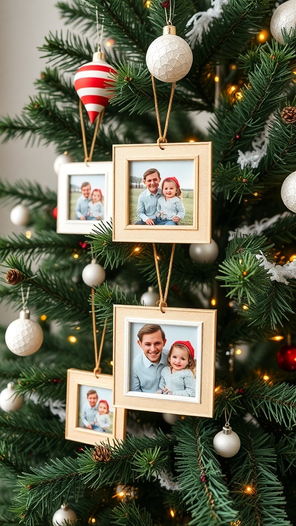 Christmas tree with DIY photo frame ornaments featuring family pictures.