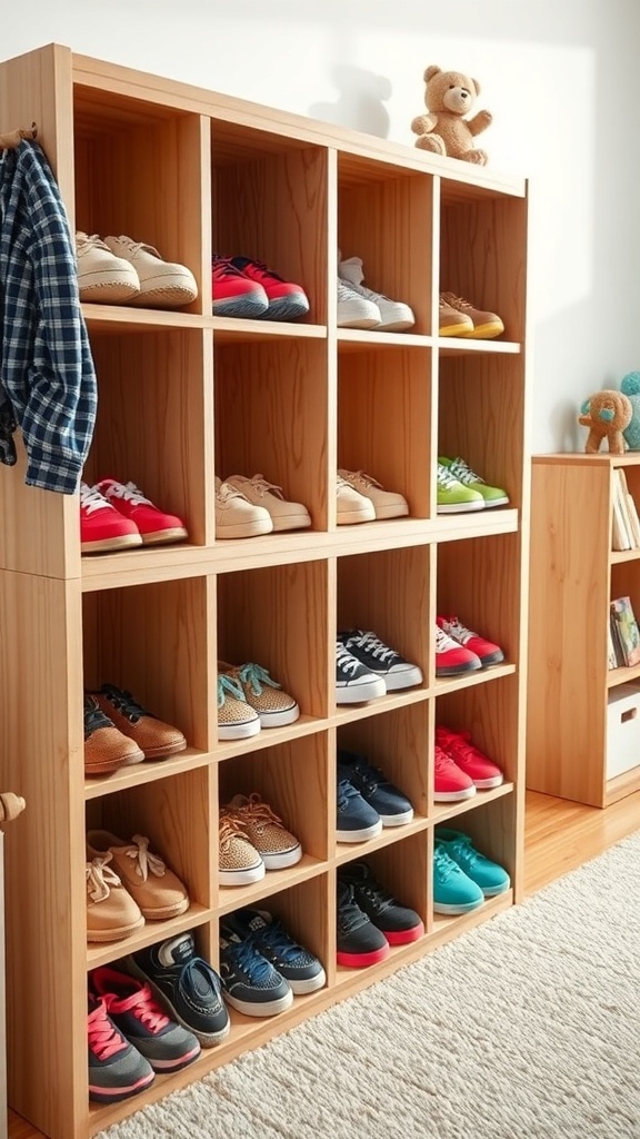 A wooden shoe cubby with various colorful kids' shoes neatly arranged.