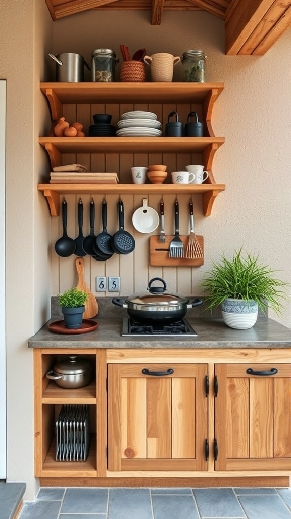 A well-organized outdoor kitchen with wooden shelves and hooks displaying cooking utensils.