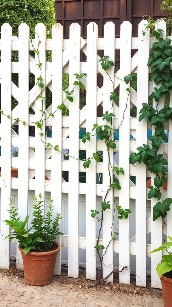 A white wooden lattice fence with climbing plants and potted greenery.