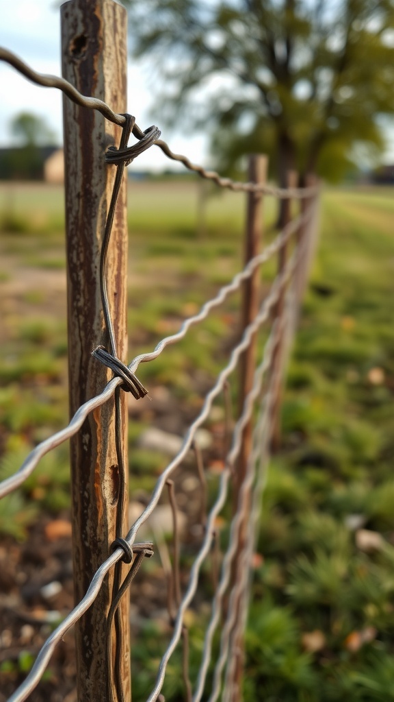 Close-up of a hog wire fence with metal wires and wooden posts