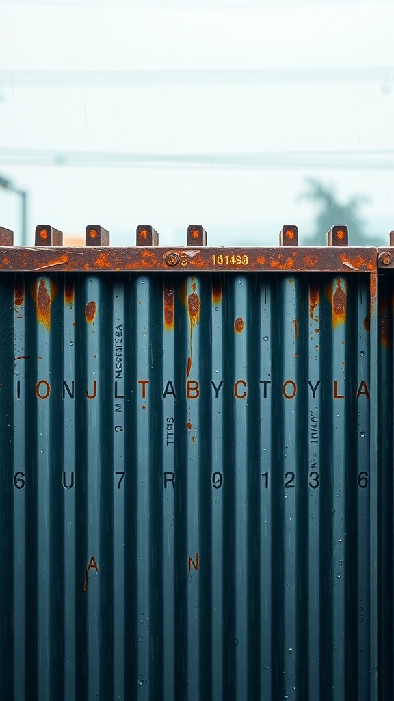 Close-up of a corrugated metal fence showing rust and water droplets.