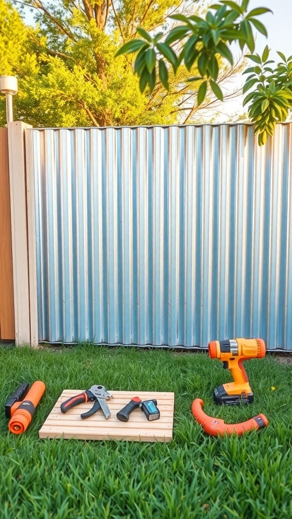 Tools and materials for installing a corrugated metal fence on grass.