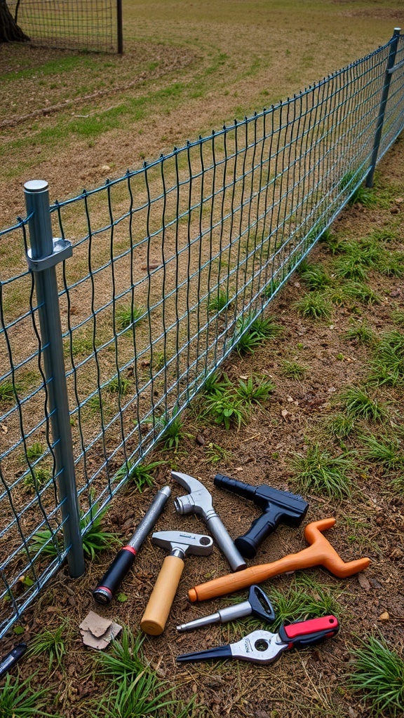 A section of hog wire fence with tools for installation on the ground.