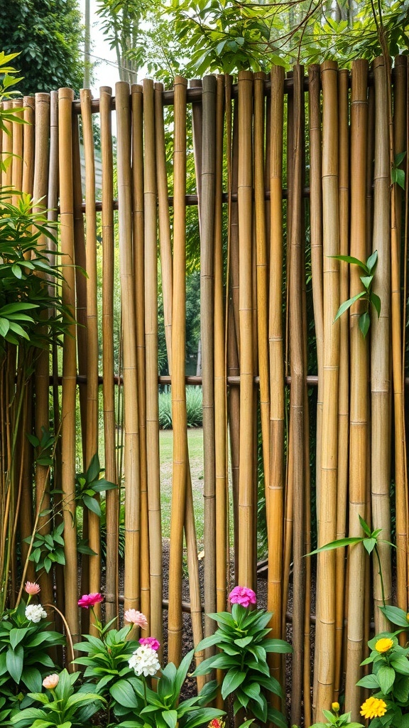 A bamboo fence with colorful flowers in front.