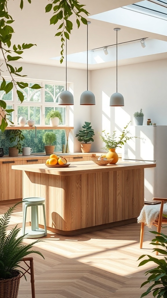 A bright kitchen with a wooden island, plants, and natural light.