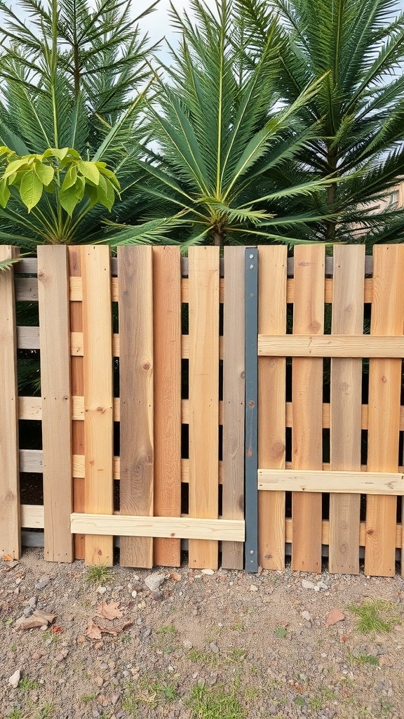 A wooden pallet fence with various shades of wood, surrounded by green plants.