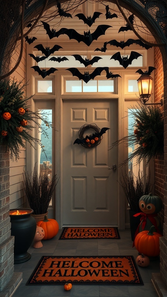 A Halloween-themed entryway decorated with bats, pumpkins, and a welcome mat.