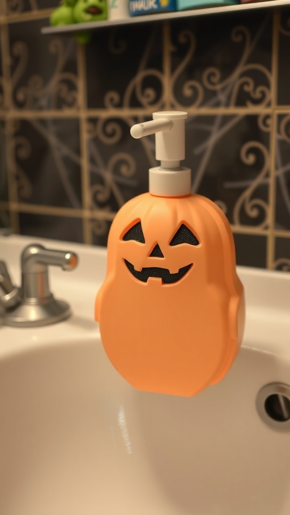 A pumpkin-shaped soap dispenser with a carved face, placed near a bathroom sink.