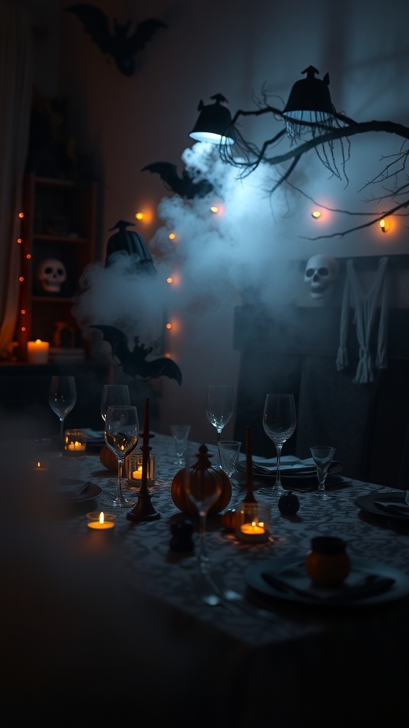 A Halloween table setting with fog effects, featuring candles, pumpkins, and eerie decorations.