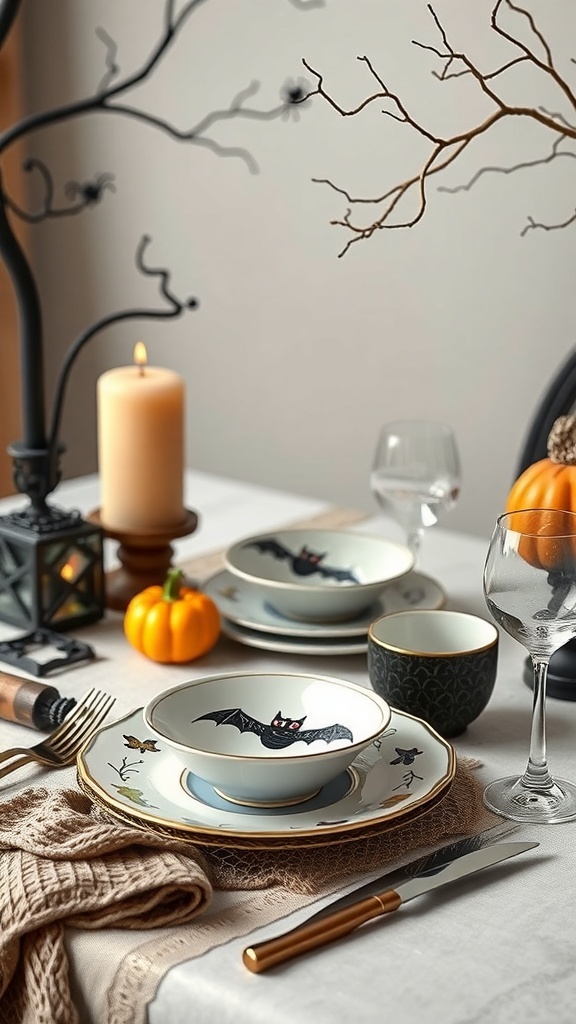 Halloween-themed dinnerware with bat designs and decorative elements on a table setting.