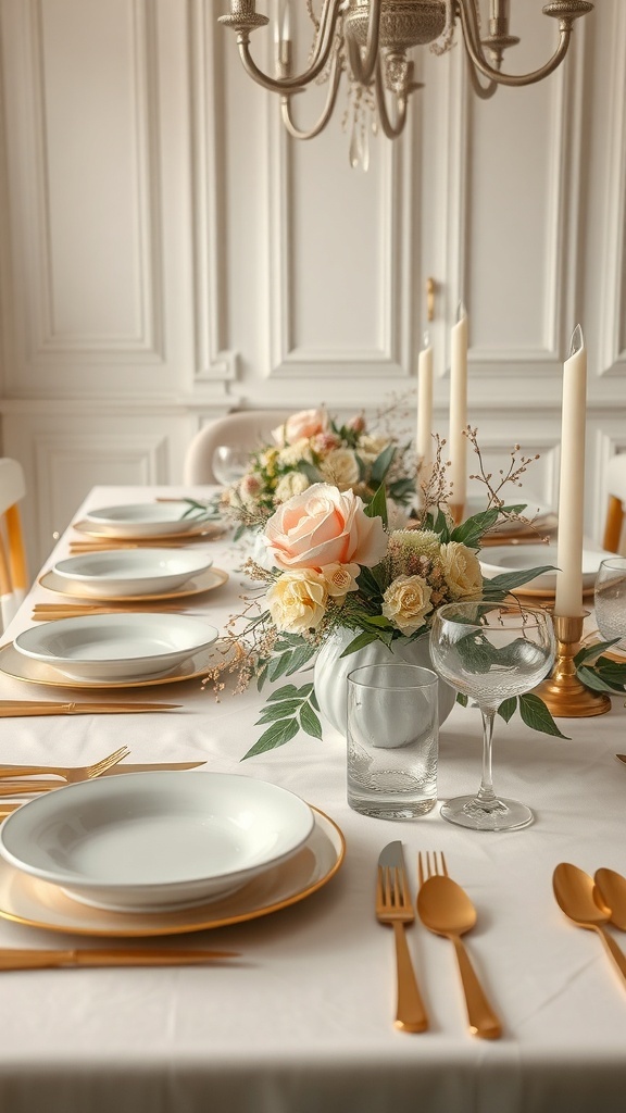 A beautifully set Thanksgiving table featuring a gold and white theme with floral arrangements and elegant tableware.
