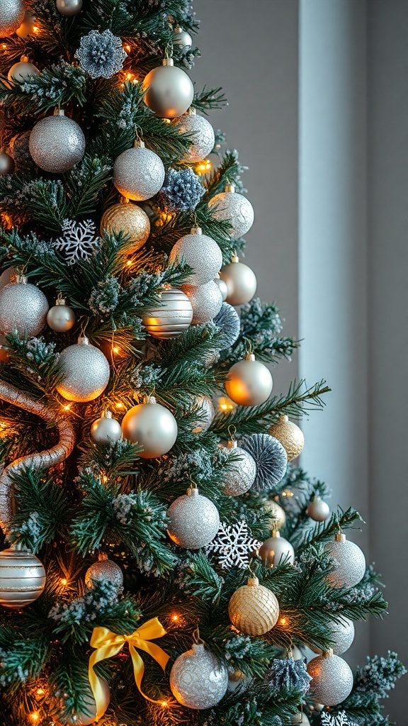 A beautifully decorated Christmas tree featuring silver and gold ornaments, with warm lights and a yellow bow.